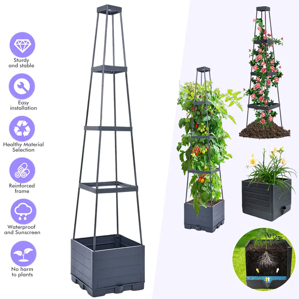 Self-Watering Polypropylene Raised Garden Bed with Cages - 4-Corner Tower Trellis, Minimal Maintenance Vertical Planter Tower, Outdoor/Indoor Climbing Plant Stand for Vines, Vegetables, Flowers (Maximizes Vertical Space)