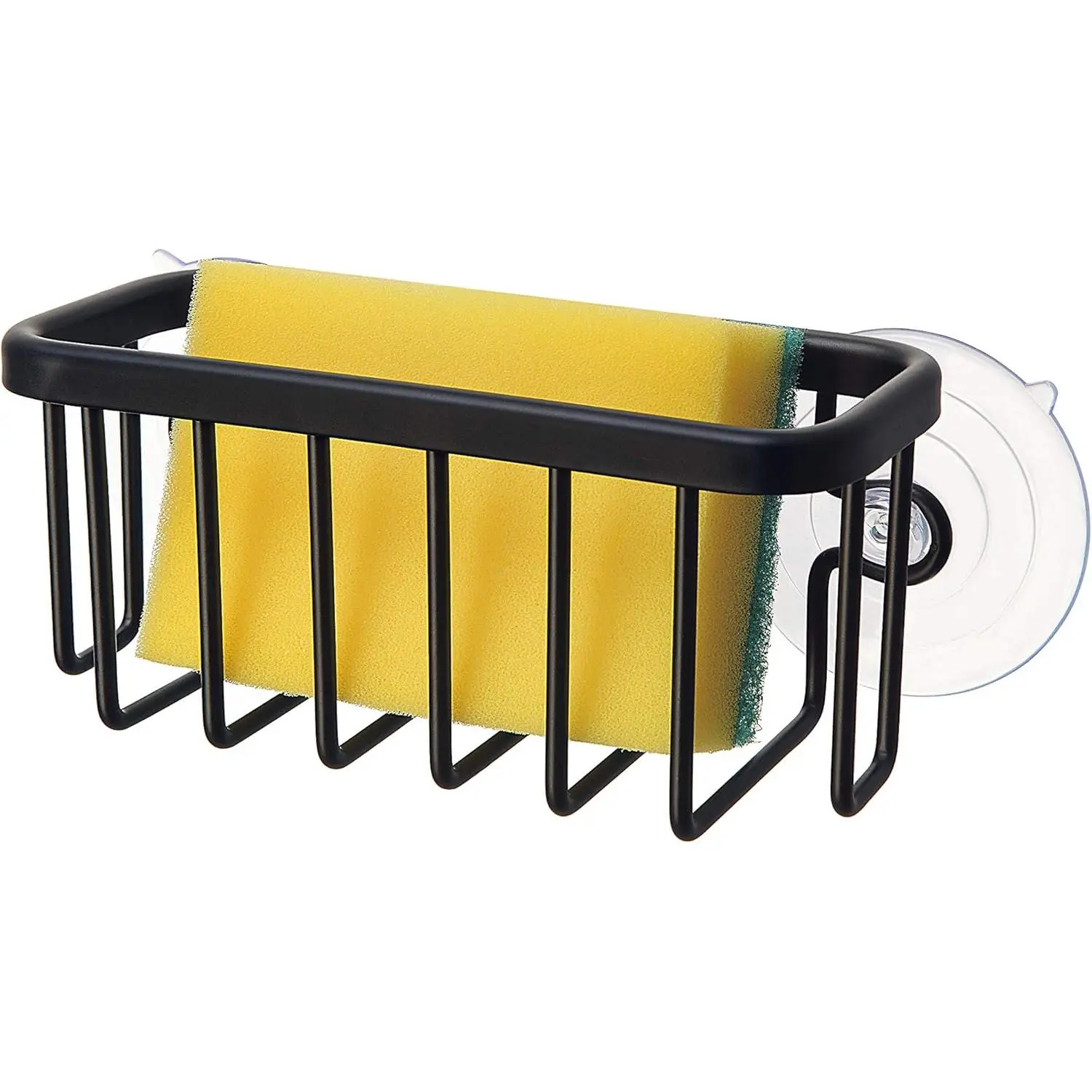 NeverRust Kitchen & Bathroom Sink Caddy for Sponges, Scrubbers, Soap, 6" x 2.5" x 2.65", with Adhesive Mount - Additional Suction Cup Included –Aluminum (Black)