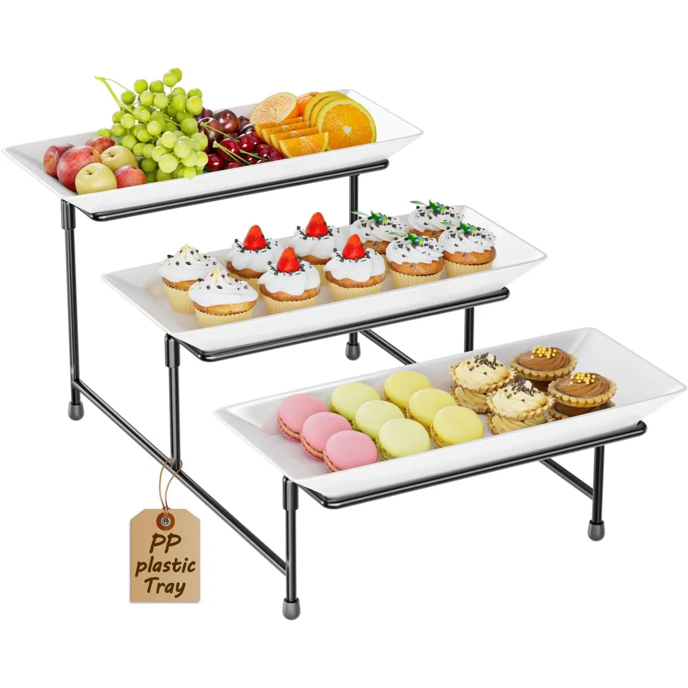 3 Tier Serving Tray, 12'' Collapsible  Dessert Stand, Black | 3-Tier Serving Platter. , Shatterproof. Steel Frame, Collapsible. Ideal For Parties, Weddings, BBQ & Holiday Events.