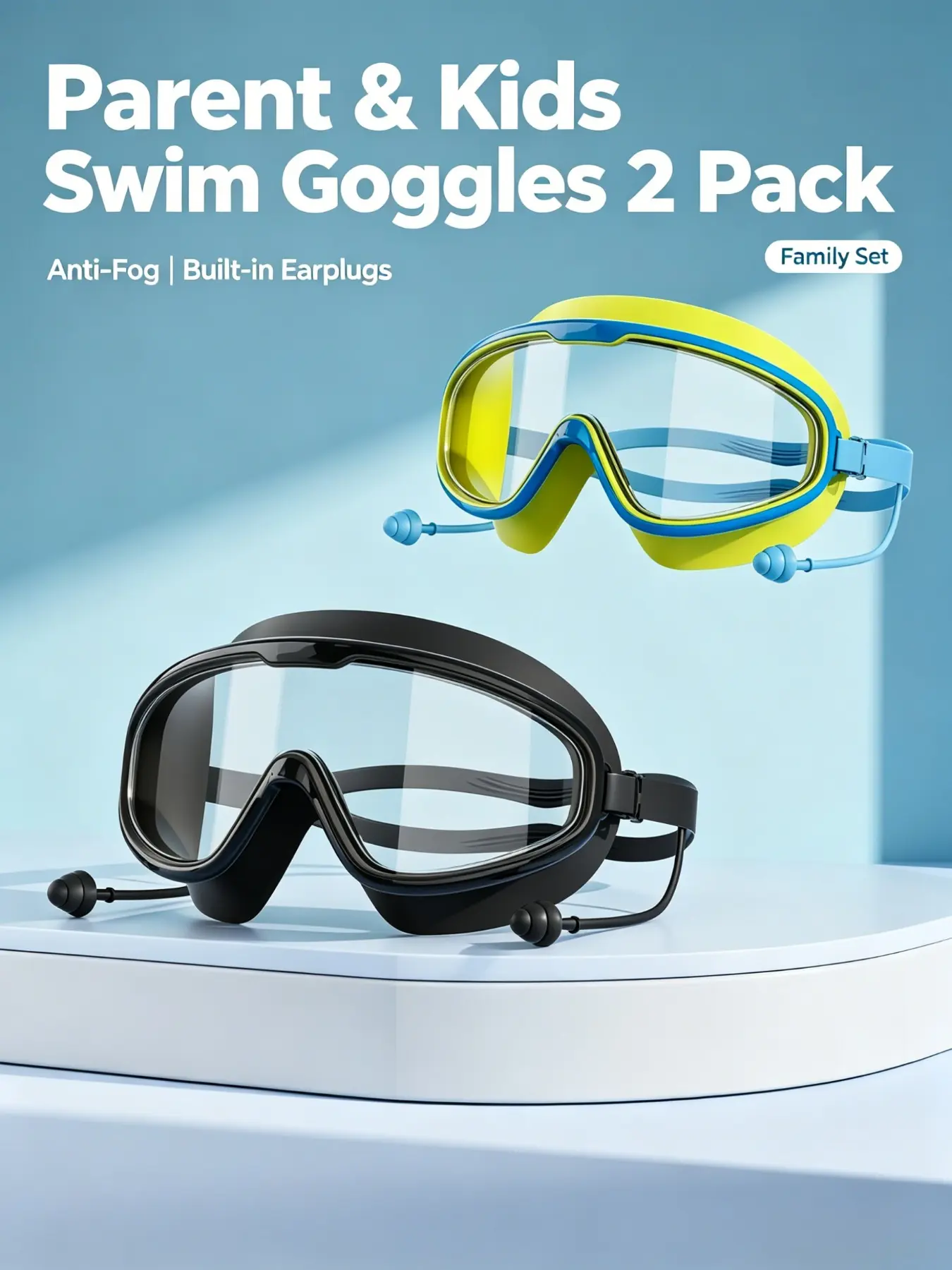 Parent & Kids 2 Pack Swim Goggles Set, Wide Panoramic Anti-Fog Clear Lenses, Flexible Bendable Nose Bridge, Integrated Silicone Earplugs & Adjustable Buckle Leakproof Swimming Glasses for Pool, Beach, Snorkeling, Diving & Family Water Sports