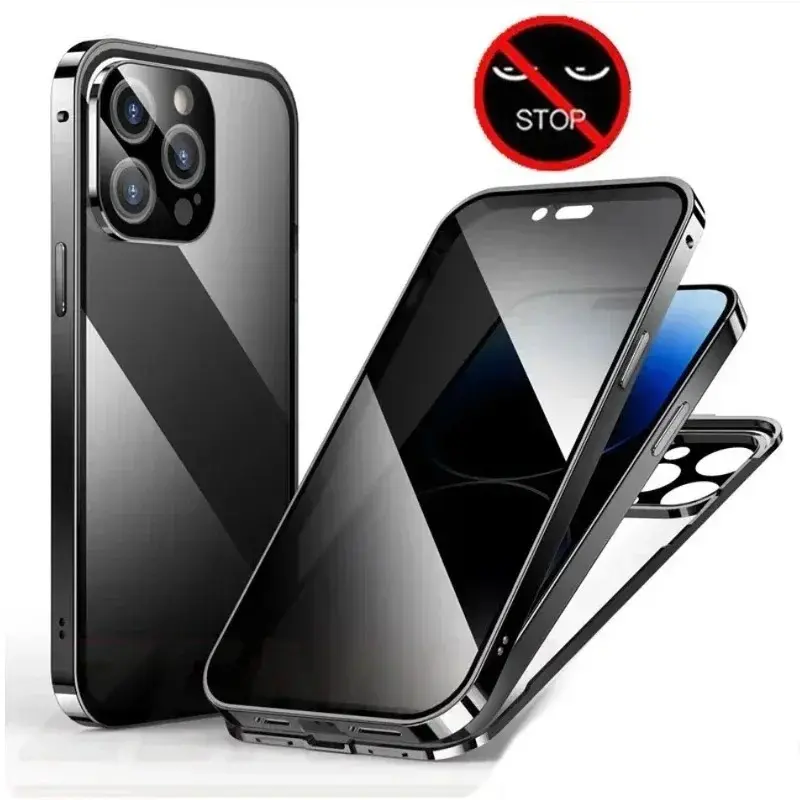 For iPhone 17 16 15 14 13 Pro Max Plus Air Protective Case 360 Double Sided Glass Anti Peeping Privacy Metal Magnetic Phone Cover Protection