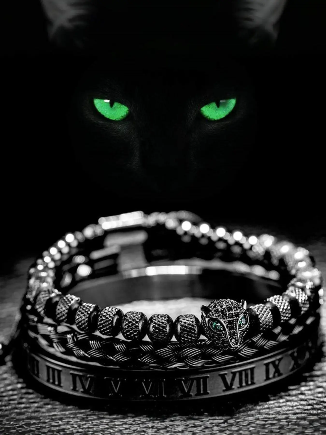 3pcs/set Eyes Leopard Head Bracelet, Stainless Steel Braided Elastic Band, Unisex Hemp Rope Open Closure, Roman Wristband, Bracelet Sets