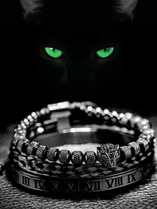 3pcs/set Eyes Leopard Head Bracelet, Stainless Steel Braided Elastic Band, Unisex Hemp Rope Open Closure, Roman Wristband