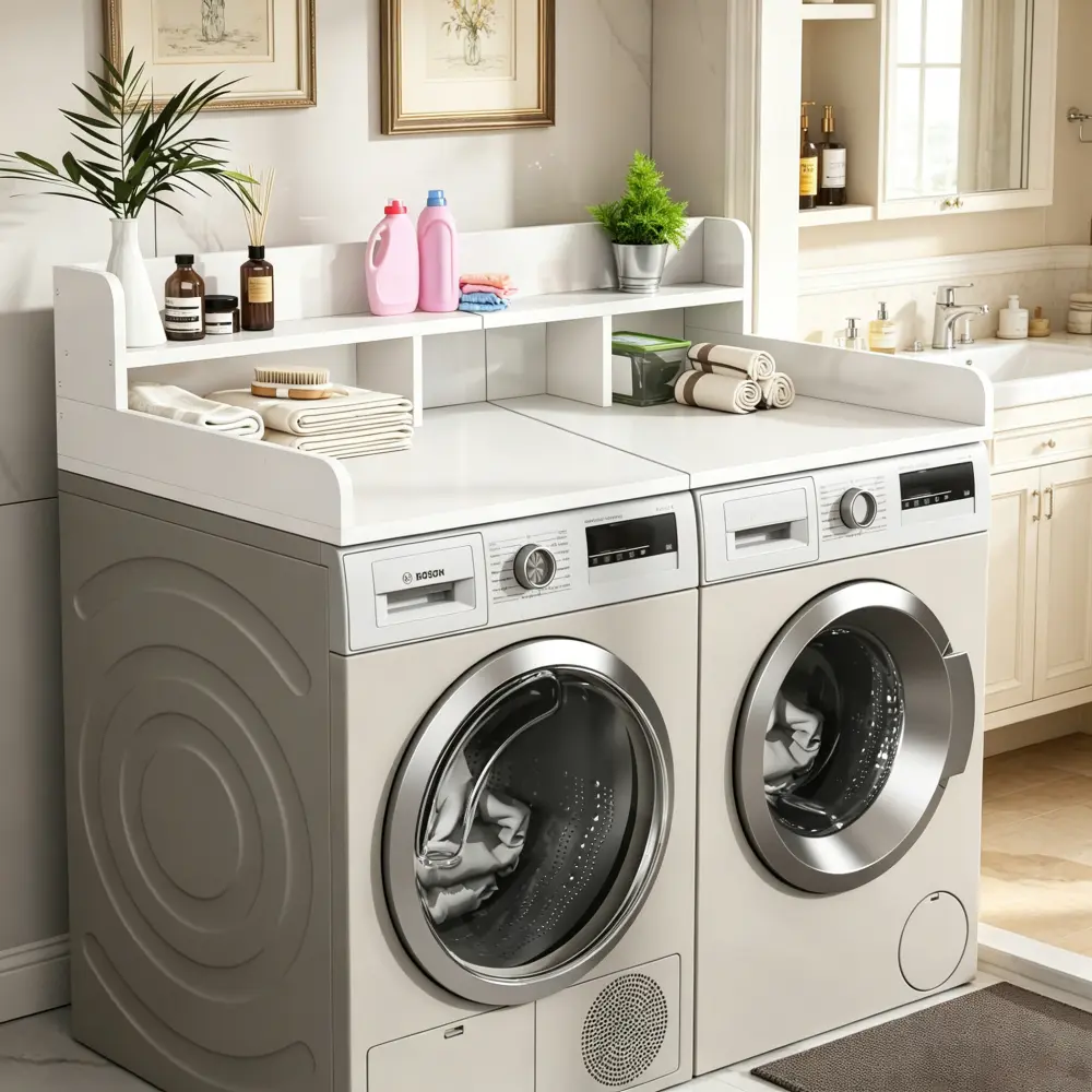 58x28 in Extra Large Functional Rectangular Washer Dryer Countertop, Wood Laundry Room Topper with Edge & Non-Slip Pads, Double Layer Storage + Sort Shelf Organizer (White), Waterproof Mdf
