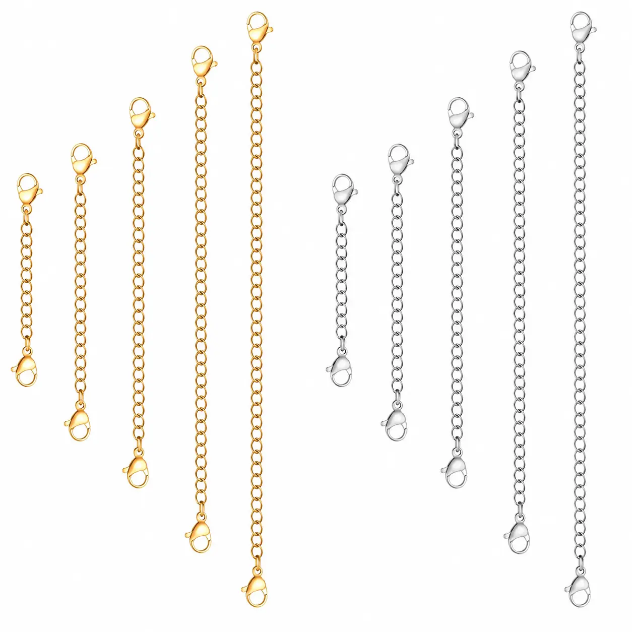 5-Piece Adjustable Necklace Extender Set — Gold-Tone Stainless Steel Double Lobster Clasp Chains for Custom Length Adjustment, Ideal for DIY Jewelry Making and Everyday Wear