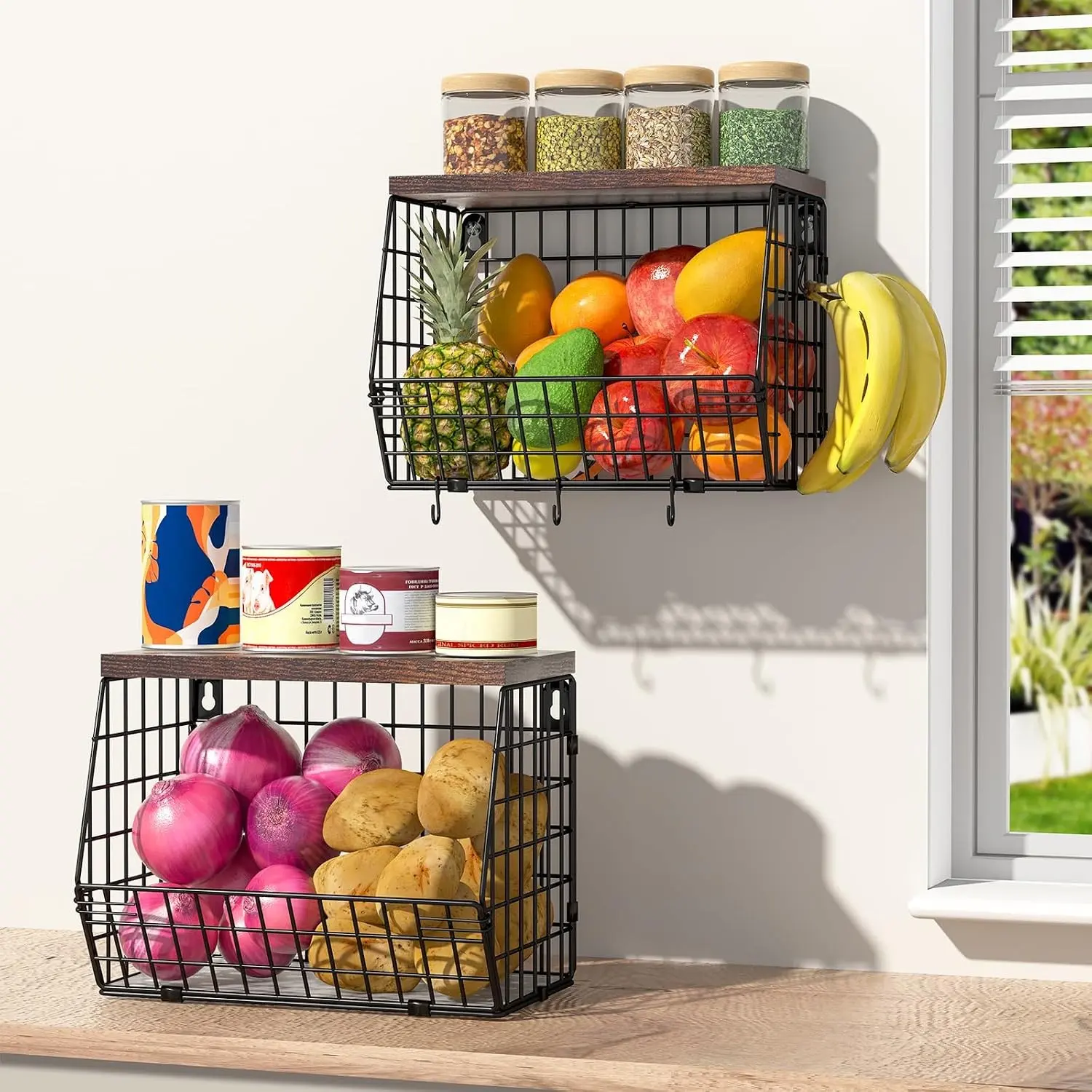 Fruit Basket for Kitchen Counter 2 Tier Fruit Bowl, Stackable Wall Mounted Hanging Fruit Basket Wire Baskets with Wood Lid with 4 Banana Hanger Hooks, Onion Basket, Fruit and Vegetable Storage