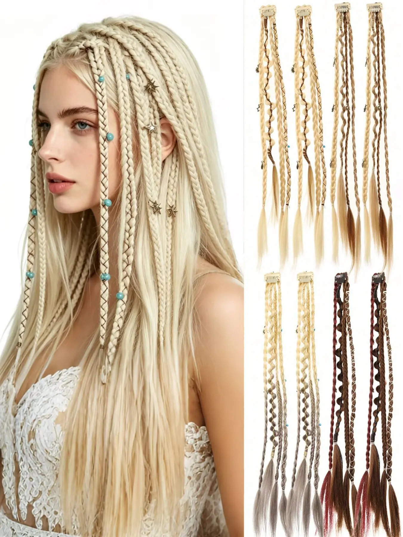 2pcs Handmade Bohemian Style 16/20-Inch Clip-In Braided Hair Extensions, Boho Braided Hair with Decorative Beads, Suitable for Women, Synthetic Boho Braids