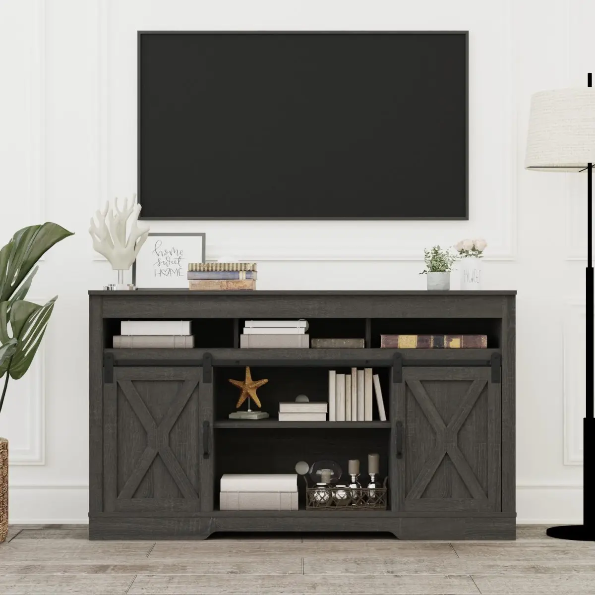 [Bellemave]Farmhouse TV Stand with Sliding Barn Door for TVs up to 65+ Inch, 34" Tall Entertainment Center, Wood Media Console Storage Cabinet for Bedroom, Living Room, Dark Grey On-Site