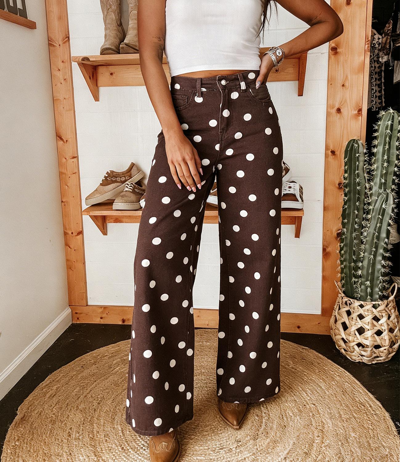 Women's Casual High-Waisted Stretch Polka Dot Straight-Leg Jeans with Pocket, High Waisted Retro Style Jeans, casual and versatile, vintage burgundy