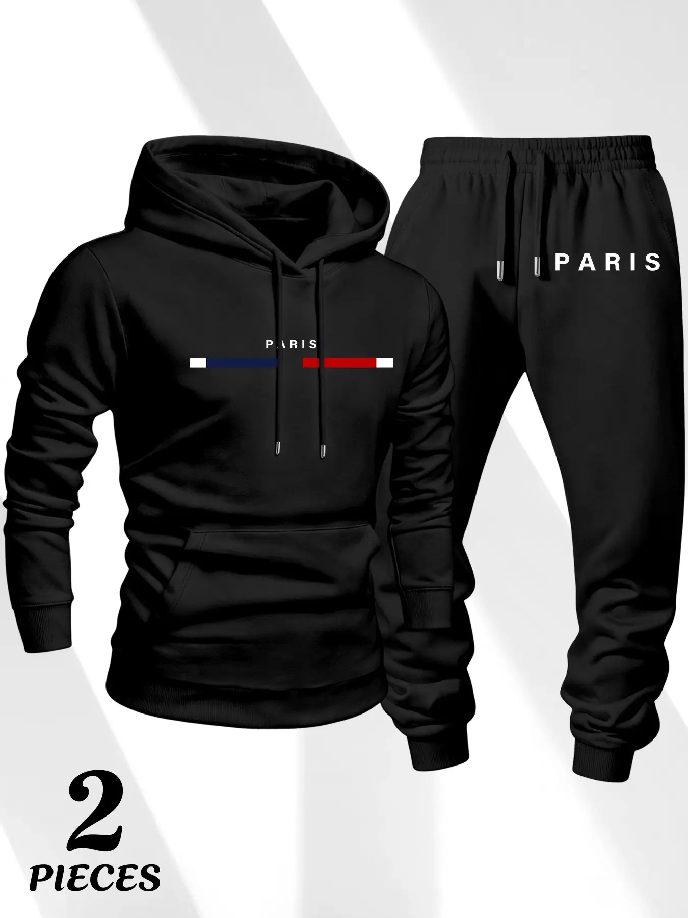 French Minimalist Paris Print Men's Sweatshirt Set, Trendy Hooded Sweatshirt and Jogger Pants 2-Piece Set, Streetwear for Fall Winter