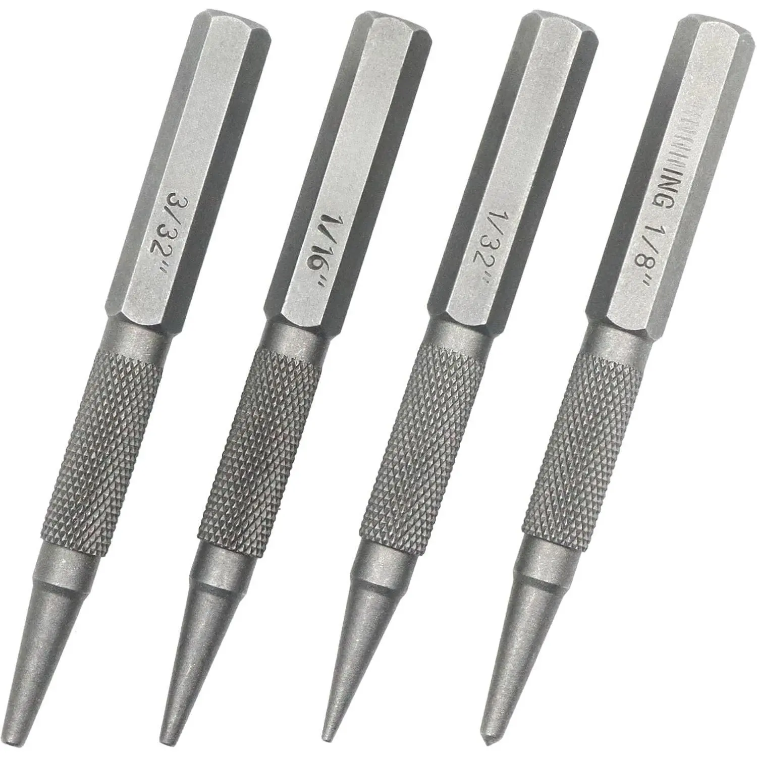 4-  Setter Punch and Center Punch Set, Heat Treated Alloy Steel | Non-Slip Knurled Grip, 3/32", 1/32", 1/16"  Setter & 1/8" Center Punch Tool for Metal/Woodworking