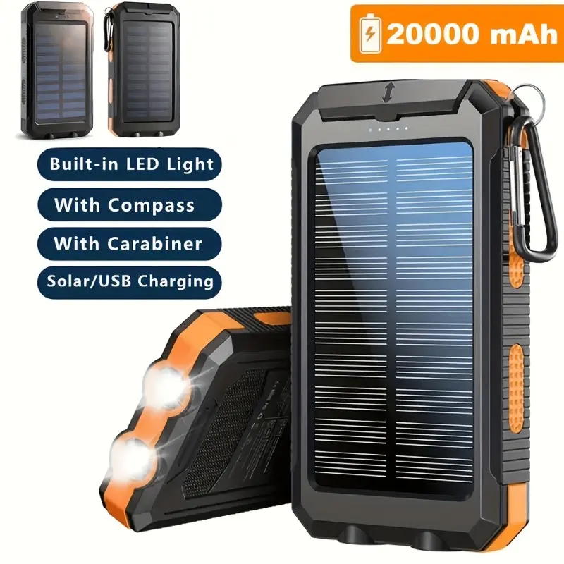 20000mAh Portable Solar Power Bank, Solar Phone Charger, External Backup Battery with Dual USB Ports, LED Flashlight  Compass, for Outdoor Camping Activities