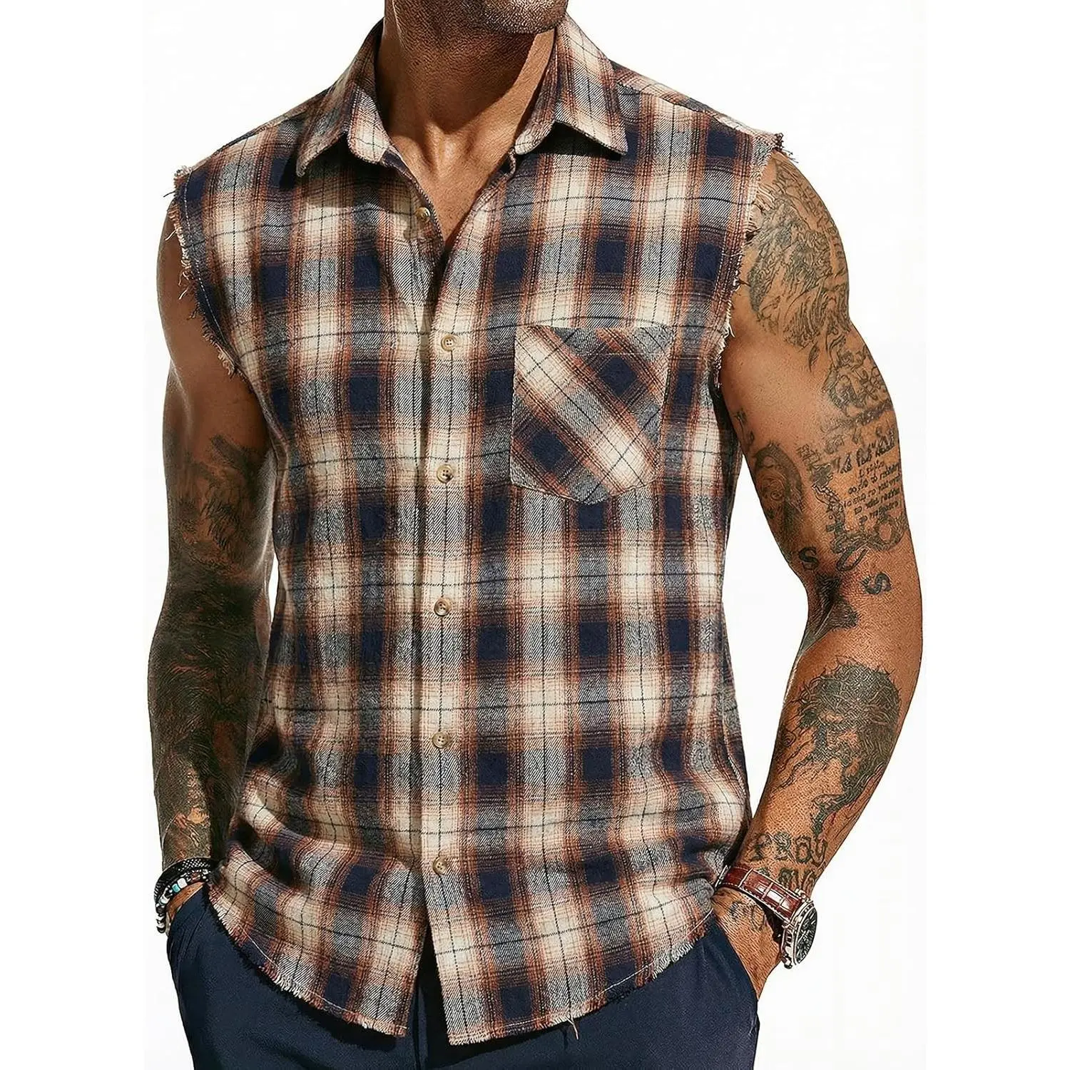 Men's Sleeveless Plaid Shirts Button Down Casual Flannel Cowboy Vest Shirt Cotton Tops with Pocket