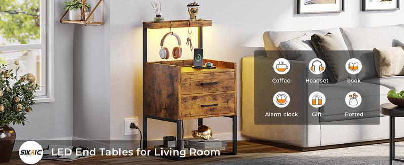 Sikaic LED Nightstand with Charging Station Brown Wood Bedside Table 2 Drawers 2 USB Ports RGB Lights for Bedroom Living Room Modern Storage Shelves & Hooks