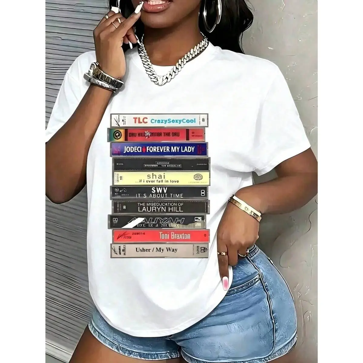 Oversized 90s R&B Tape Print T Shirt Fall Clothes For Women Crew Neck Short Sleeve Top Relaxed Fit Plus Size Casual Vintage Tee