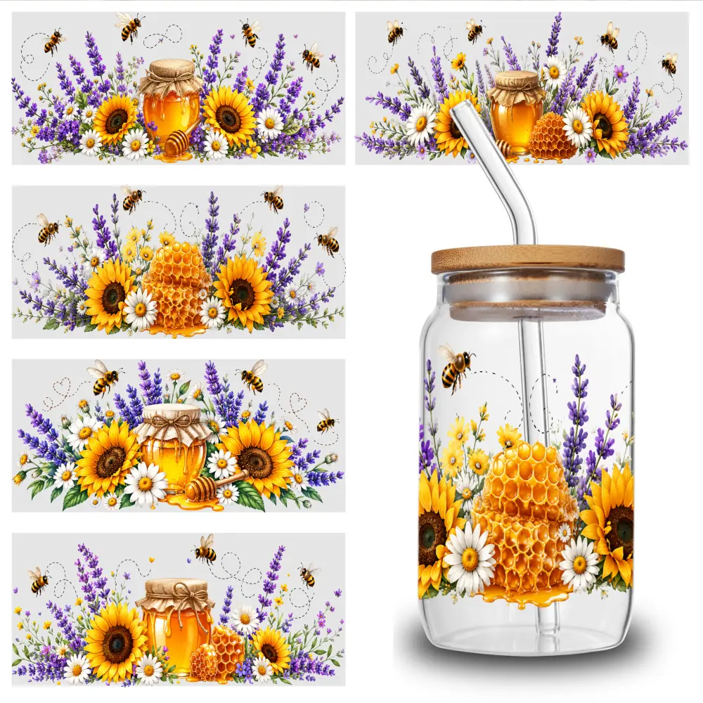 5 Sheets Honeycomb Sunflower UV DTF Stickers UV DTF Cup Wraps Stickers - for 16 Ounce Libbey Cups - Animal 3d Crystal Label - Waterproof And Scratch Resistant Sticker - DIY Sticker for Glass Cups And Bottles