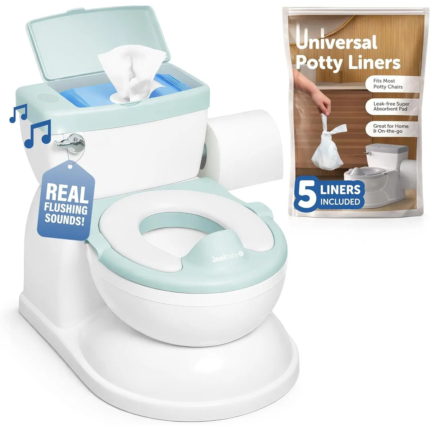 2-in-1 Potty with Wipes Storage, Flushing Sounds & Disposable Liners - Realistic Toilet - Easy to Clean & Assemble (Aqua)