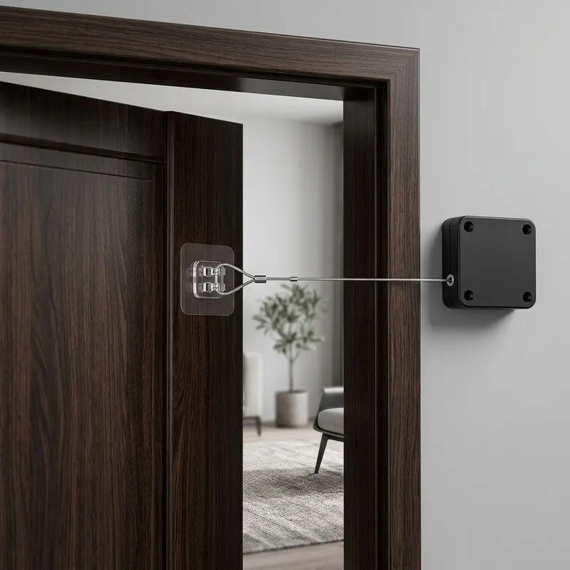 Two-Piece Automatic Door Closer, No Drilling Installation, Steel Wire Spring Return, Quiet Door Closing Device, Suitable for Wooden Doors, Curtain Doors, Sliding Doors, Bi-Fold Doors