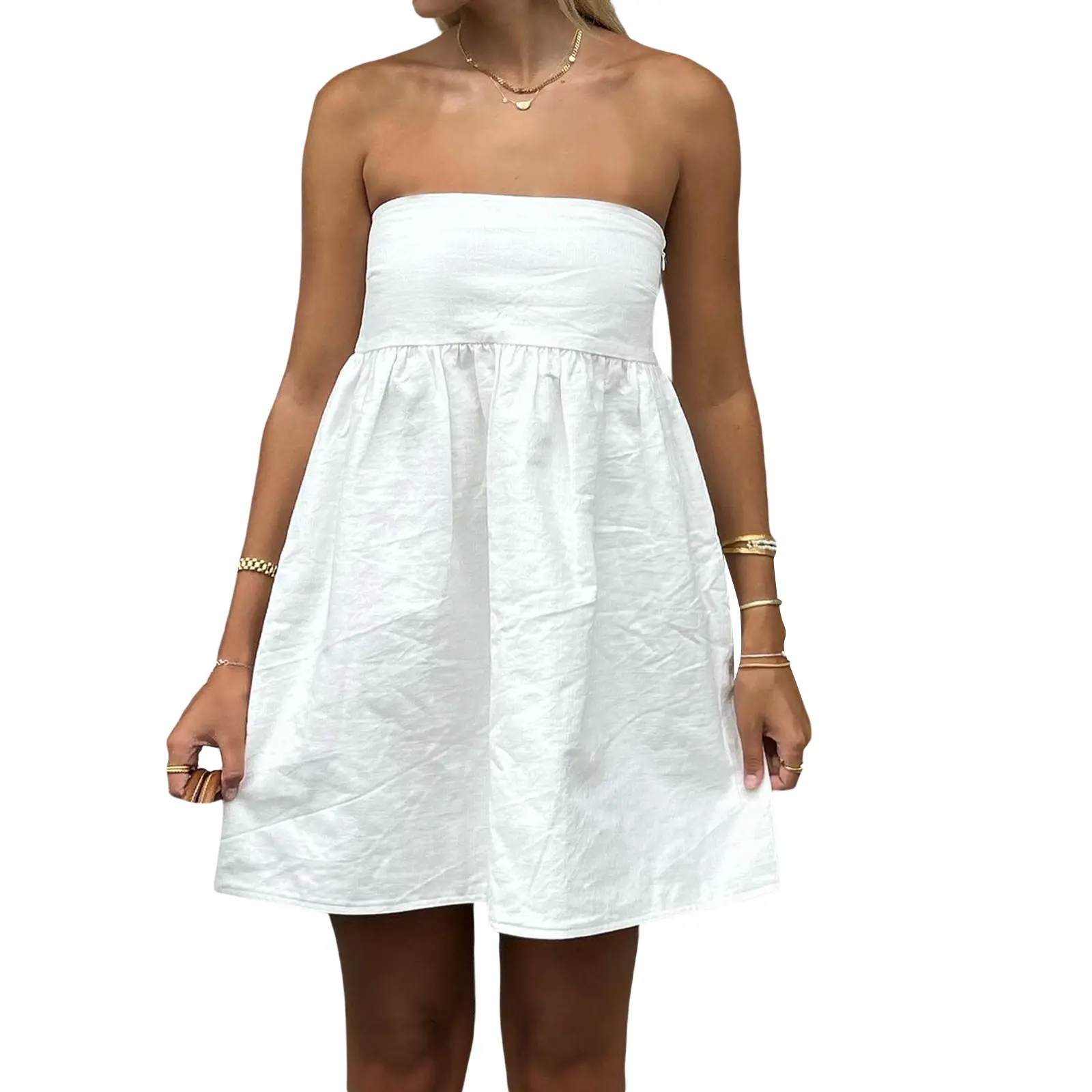 Women Tube Dress Solid Color A-line Dress Strapless Dress Summer Backless Mini Dress