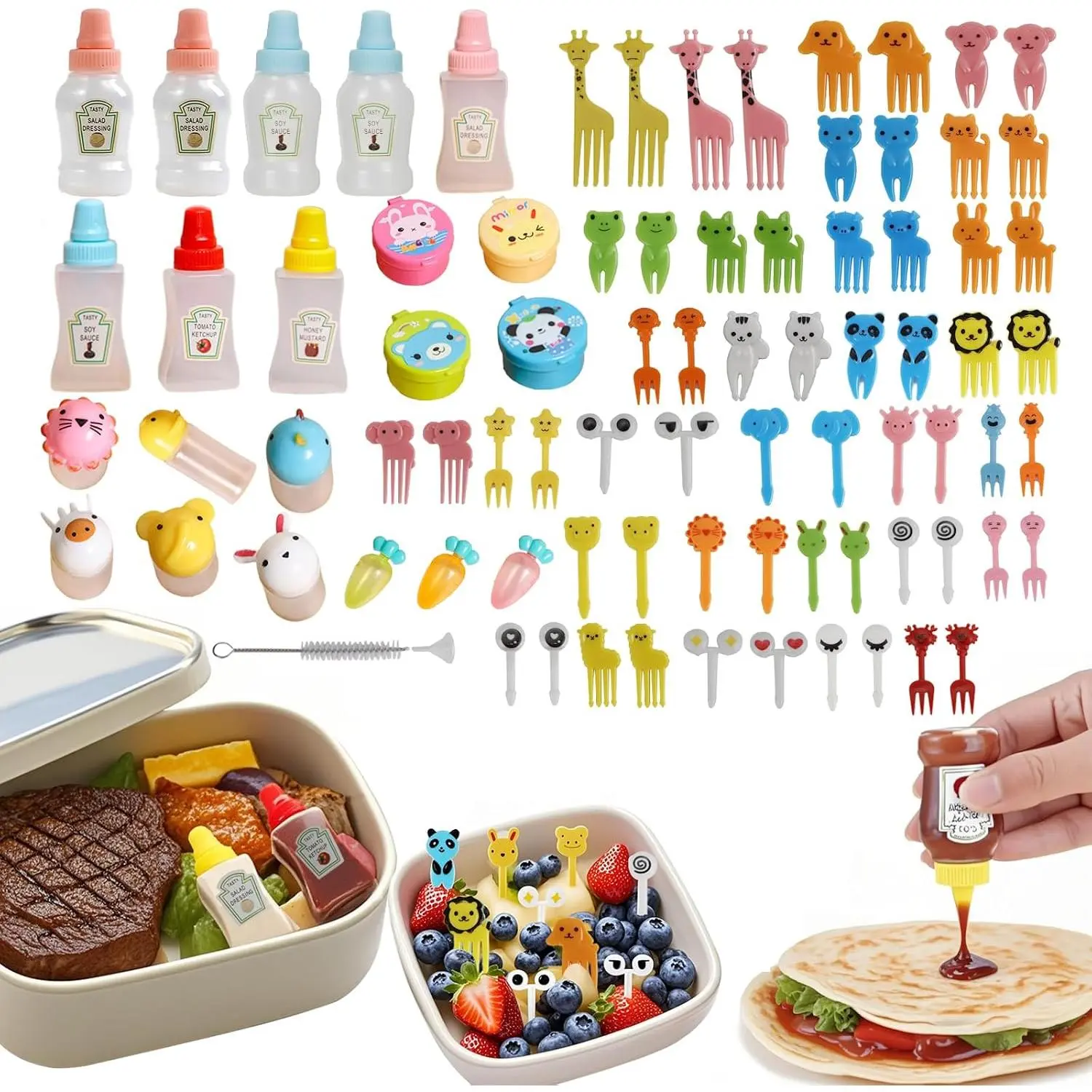 81 count Bento Box Accessories, Including Mini Ketchup Bottles Squeeze, Condiment Squeeze Bottles, Sauce Container, Cute  Picks for Office, Picnic, Salad Dressing, Honey,Travel, Lunch box
