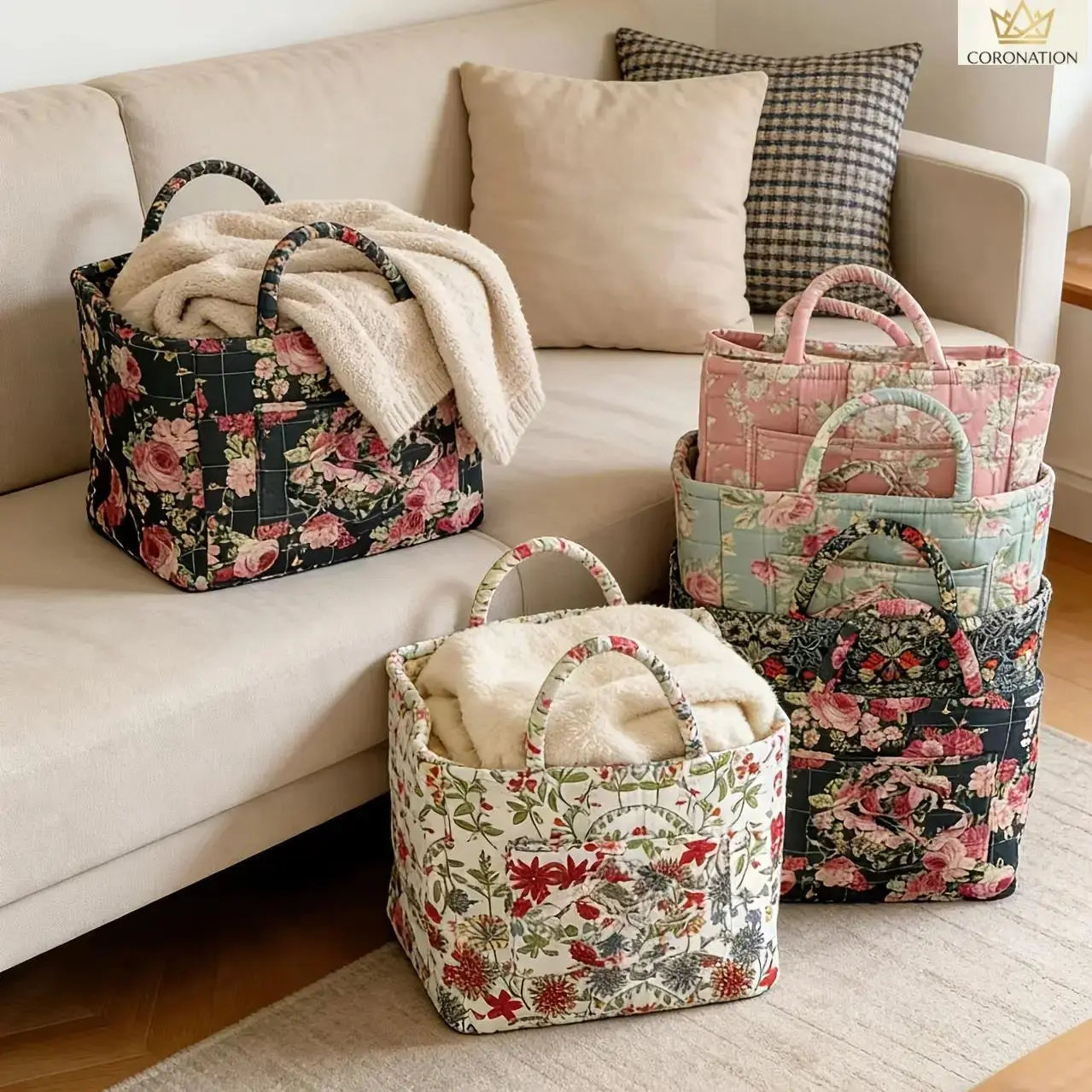 Quilted Floral Storage Basket with Pink Peony Print, Aesthetic Vintage Organizer Bin for Home Decor, Large Foldable Fabric Basket with Handles, Cottagecore Style Storage Box for Closet, Nursery, Camping & Travel Essentials