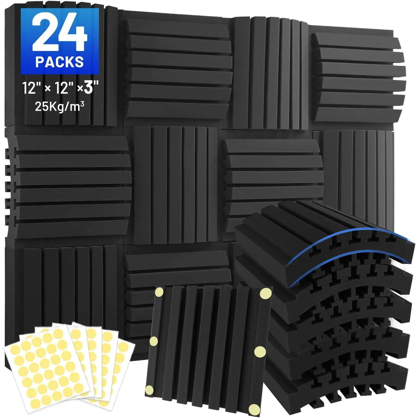 24 Pack Curved Acoustic  Panels 3" x 12" x 12" Sound Proof  Panels Soundproofing Noise Cancelling Wedge Panels for  Office Recoding Studio with 150 count Double-Side Adhesive