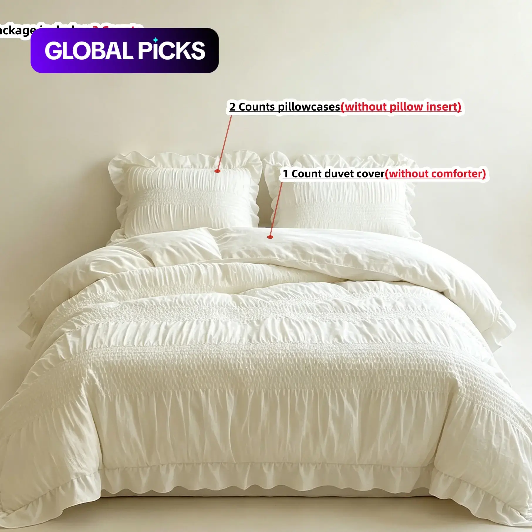 3-piece Korean-style white seersucker quilt cover set Duvet Cover Sets 1pc duvet cover + 2pc pillowcases（without comforter and pillow insert）, made of 100% polyester fabric, suitable for Single, Twin, Double, and Queen sizes bed, Polyester Bedding Set