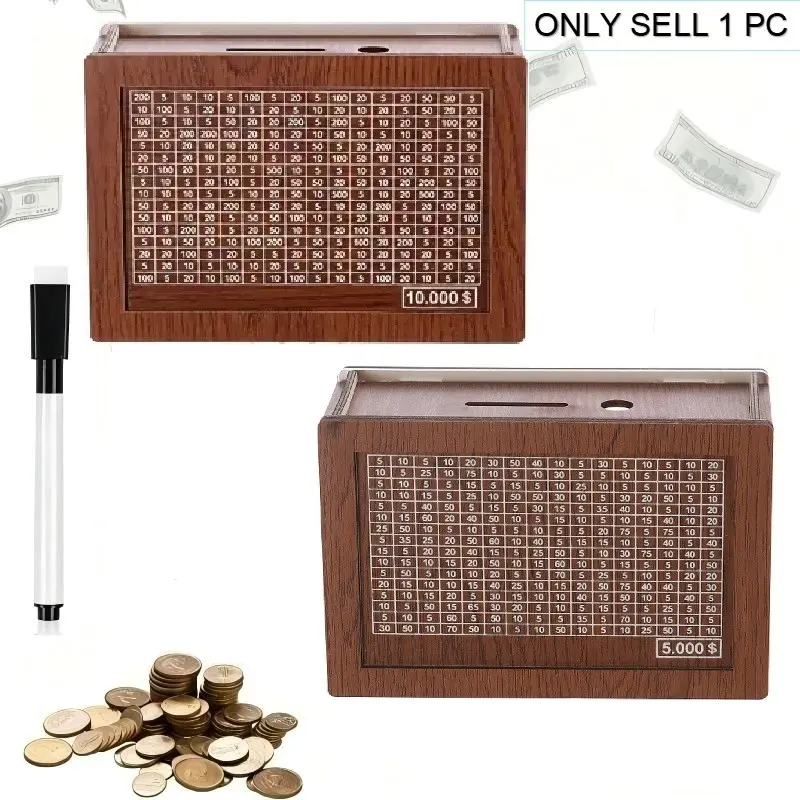 5000/10000 Savings Challenge Box, Wooden Money Box for Adults and Kids, Cash Safe Savings Box, Piggy Bank, Coin Savings Bank, Cash Storage Box, Expense Record Box, Money Organizer Box, Piggybank