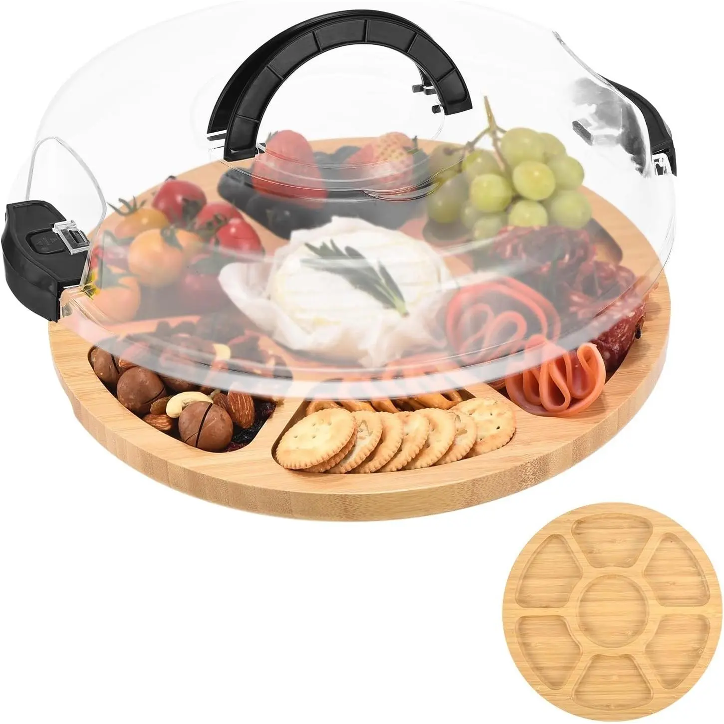 Round Bamboo Charcuterie Board with Lid & Handle, 7 Compartment Portable Cheese Board for Travel, Kitchen Cutting Board, Perfect House Warming Bridal Shower Gifts, Black