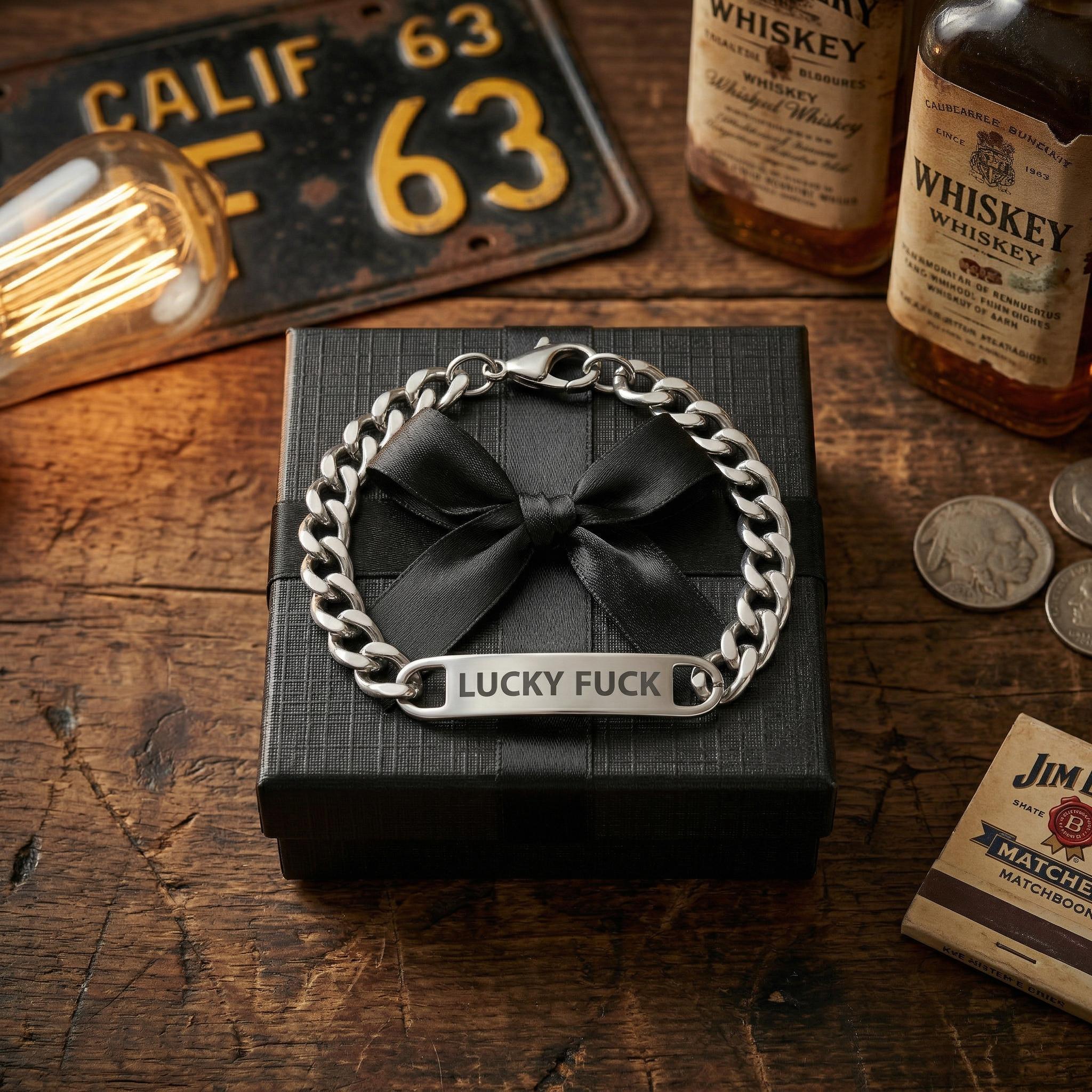 ID Bracelet Stainless Steel Cuban Chain Bracelet Unisex Engraved Lucky Fuck Heavy Statement Y2K Punk Gothic Gotham Rebel Jewelry Gift