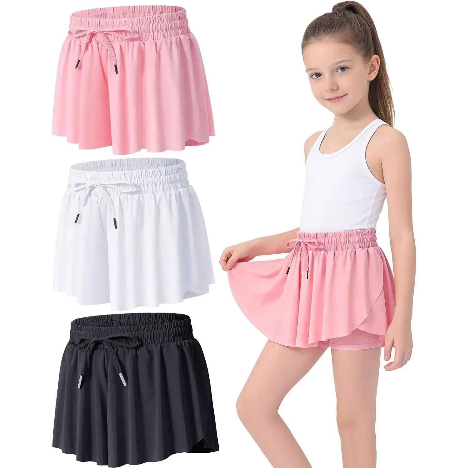 2-3 Pack Girls' Flowy Butterfly Shorts with Pockets and Liner, 2-in-1 Skirt for Fitness, Running, Athletic Sports(Gift)