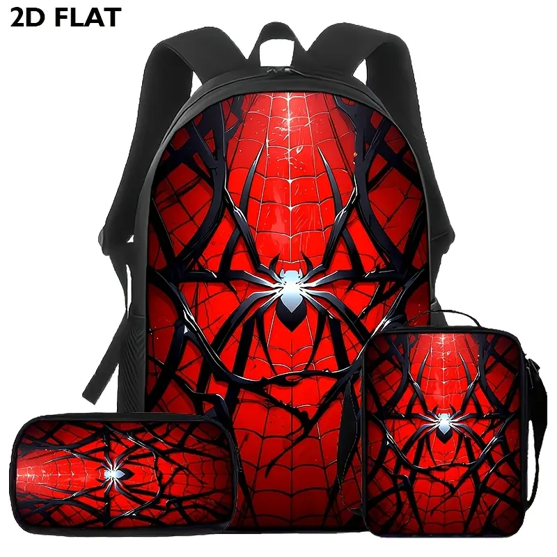 Durable Water Resistant 3-Piece Backpack Set for Kids, Lightweight School Bag with Lunch Box, Glossy Red Cracked Spider Web Silhouette 2D Flat Print, Includes Large Rucksack, Thermal Lunch Tote & Stationery Pouch