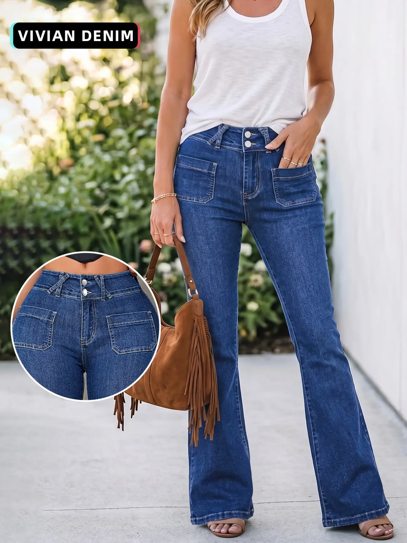 Washed Blue Double Button Workwear Pocket Jeans, Elastic Slim Fit Flare Pants, Casual Long Jeans for Spring & Fall