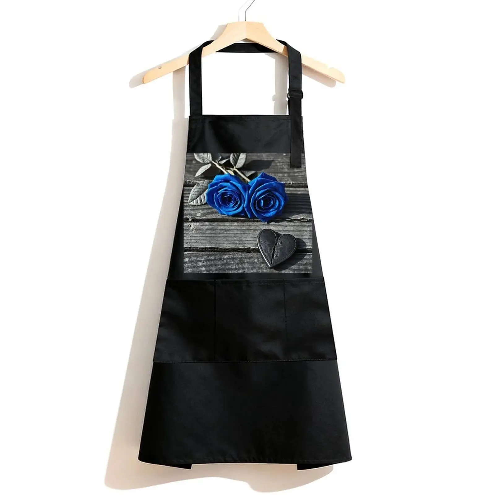 Waterproof Bib Apron with 3 Pockets, Blue Roses Heart Love Romantic Adjustable Neck Strap Soft Polyester Water Resistant Apron for Kitchen Restaurant Home Use