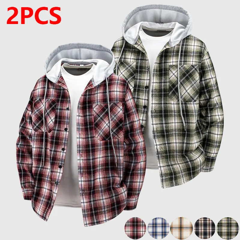 Men 2 Pack Hooded Flannel Shacket Oversized Plaid Button Down Jacket Coat Warm Winter Outerwear for Travel Camping Casual Style