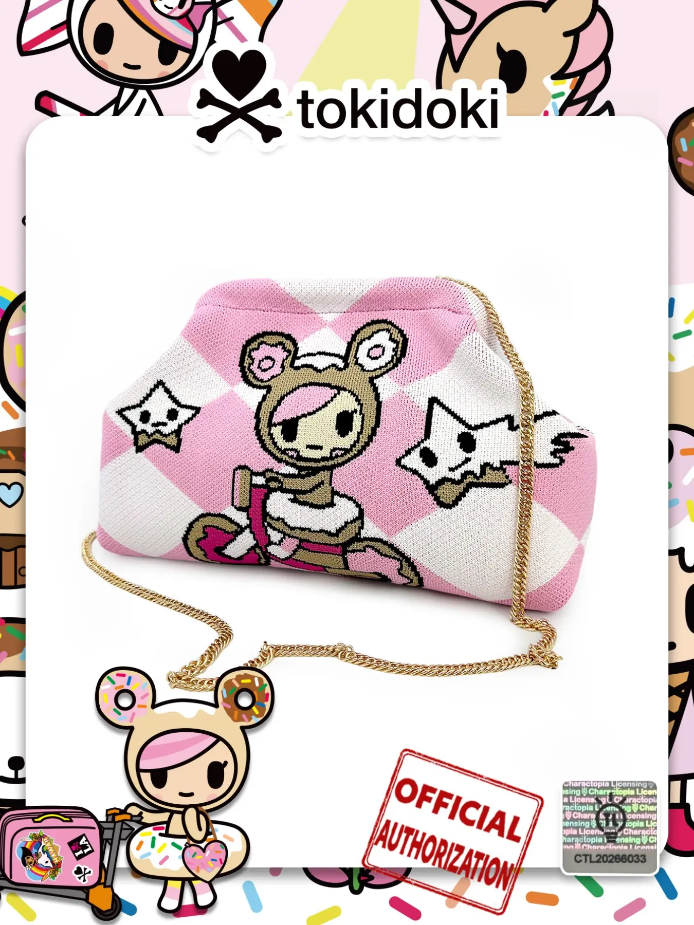 Official Tokidoki Donutella Knit Crossbody Bag, Cute Shoulder Bag, Women's Y2K Fashion Chic Chain Crossbody Clutch, Fashion Patterned Bag, Perfect for Parties and Travel