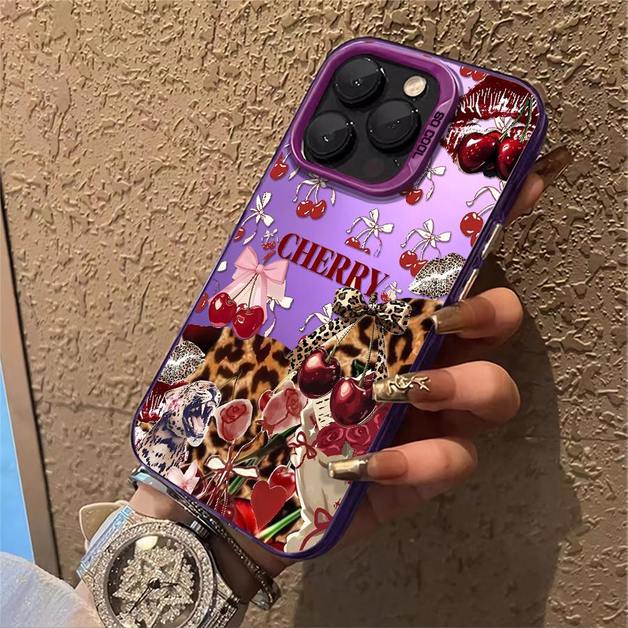 Cherry leopard print bow heart phone case, shockproof hard shell, featuring a vintage girl style design, ideal for gifting, suitable for iPhone 17/16/15/14/13/12/11/X/XS/XSMAX/XR/7P/8P/16E/17E
