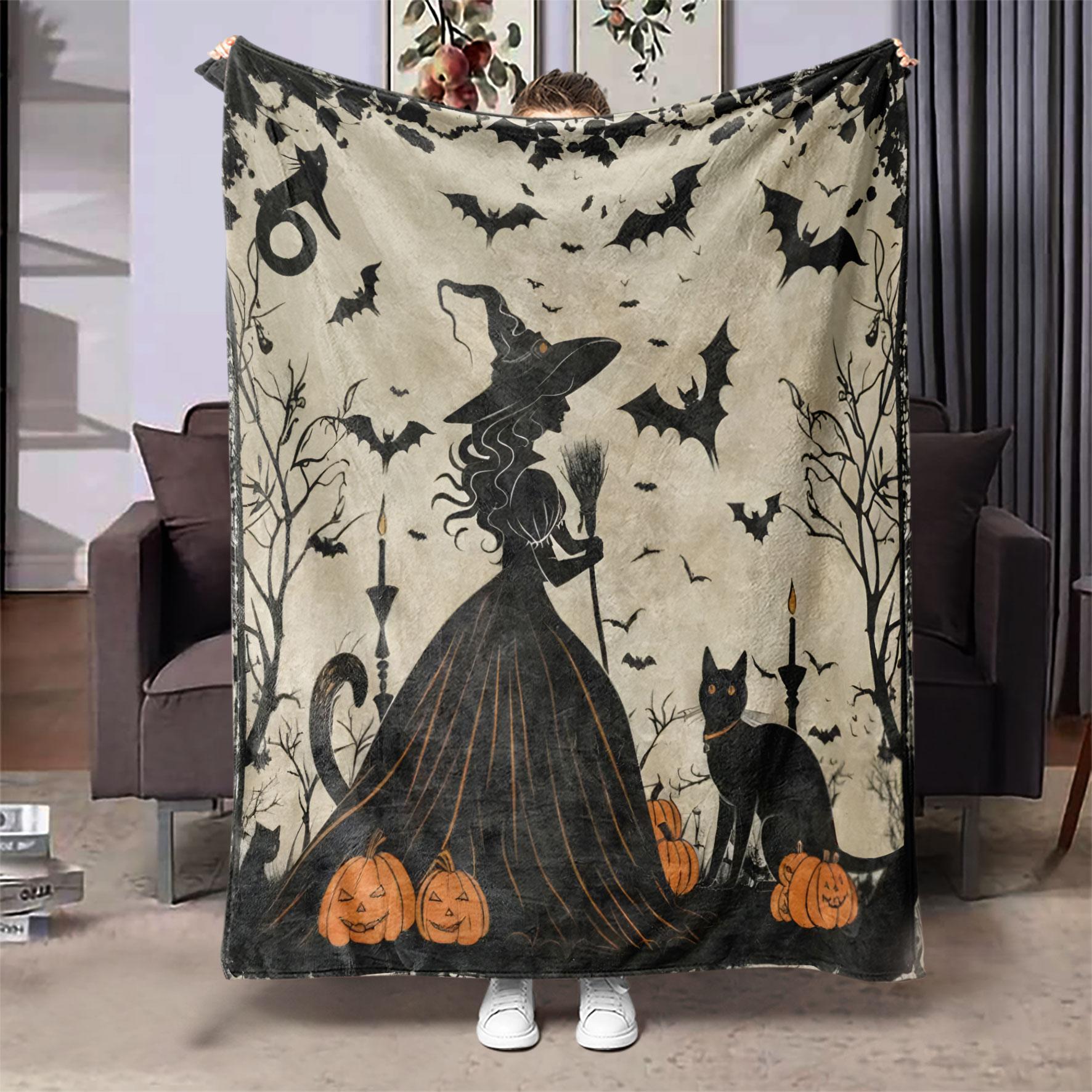 Cartoon Themed Decorative Giftable Blankets, 1 Count Witch and Black Cat Pattern Soft Cozy Throw Blanket, Air-conditioned Room Blanket, Warm Nap Blanket for Home Office Travel Camping, Bedroom Accessories, Travel Essentials, Christmas Gifts, Halloween