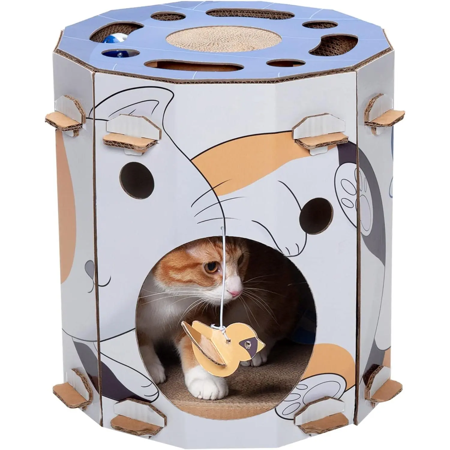 Corrugated Cardboard Hideout with Catnip, Scratching Pad, Ball Track & Toys - Indoor Cat Furniture, Cat Print, 1 Size cat tree