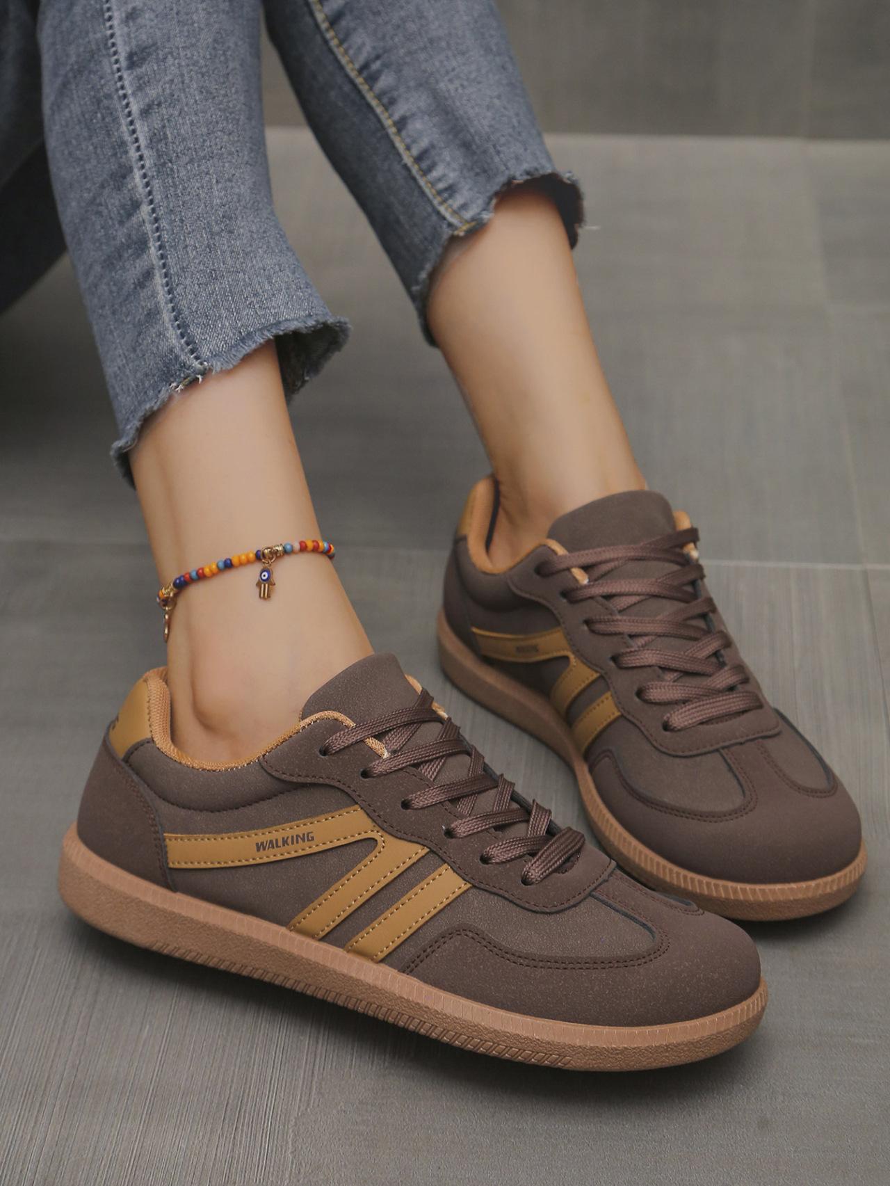 Women's Fashionable Patchwork Lace Up Low Top Casual Flat Sneakers , Casual Comfortable Sports Walking Shoes for Daily Wear, GAT Female All-match Round Toe Casual Shoes for Women & Girls SpringStatements