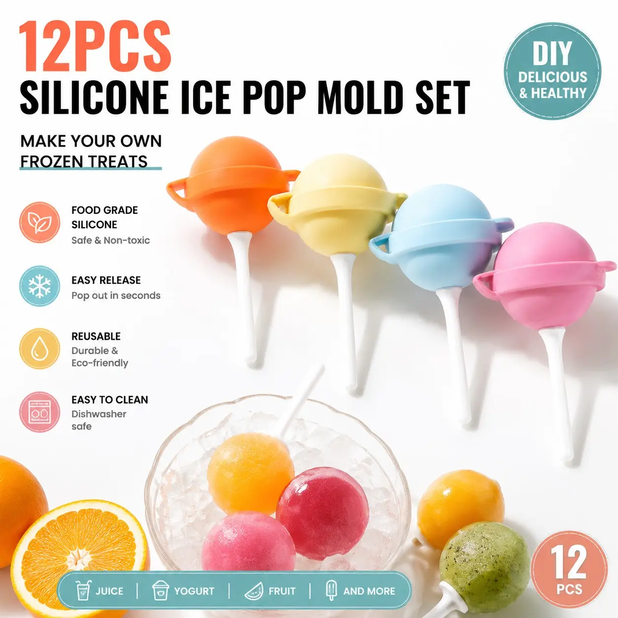 12-Piece Silicone Ice Pop Mold Set with Sticks, Reusable Homemade Ice Cream Molds, Popsicles Molds, Ideal for Juices, Yogurt, and Frozen Desserts