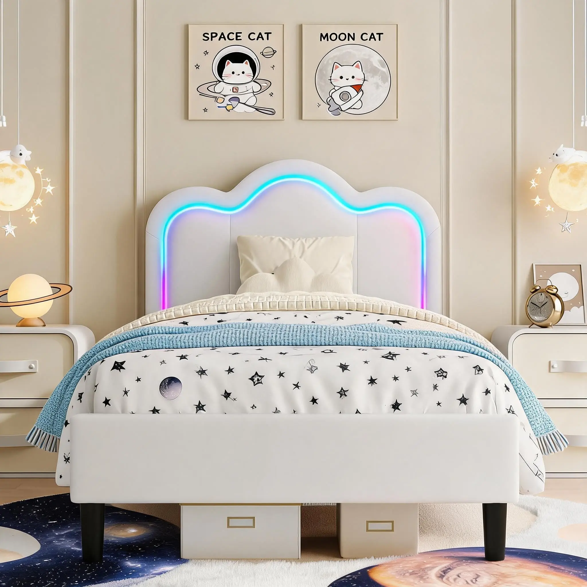 【Garvee】Twin Upholstered Bed Frame with LED Lighting and Adjustable Bear Headboard – PU Leather Princess Platform Bed with Wooden Slats Support, No Box Spring Needed – Off White