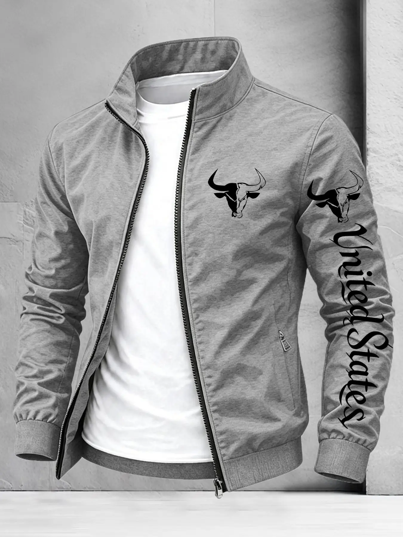 Men's Stand Collar Full Zip Long Sleeve Jacket, Slim Fit Casual Outerwear With Bull Head & American Cursive Letter Prints On Chest And Sleeves, Windproof Street Top Suitable For Daily Travel, Outdoor & Casual Outfits #trendingjackets#viraloutfits