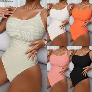 Textured Halter One Piece Swimsuit - Chic Ruched Wavy Design Swimwear, Body Sculpting Stretchy Monokini, Elegant Summer Beach Outfit for Resort Getaway and Pool Days