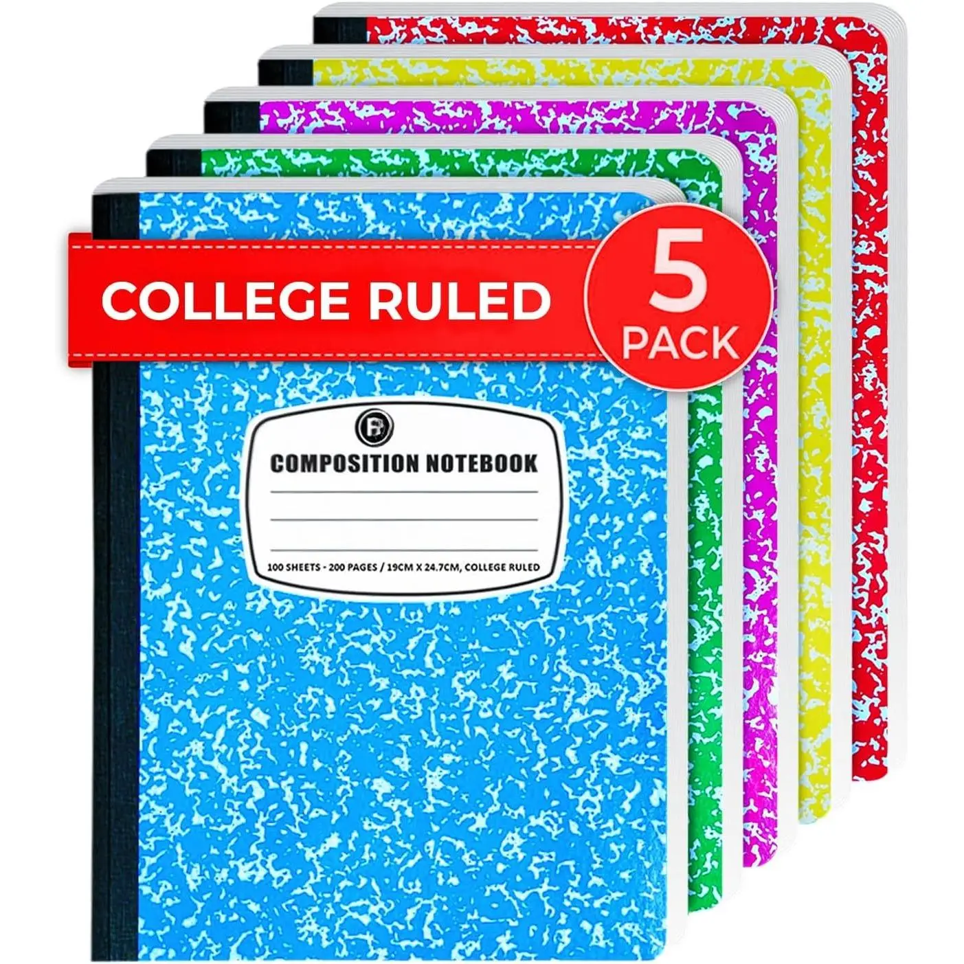 Durable College Ruled Composition Notebooks, 5-Pack, 9.75x7.5 in, 200 Bleed-Free Pages (100 Sheets), Assorted Colors, Office & School Supplies for College Students