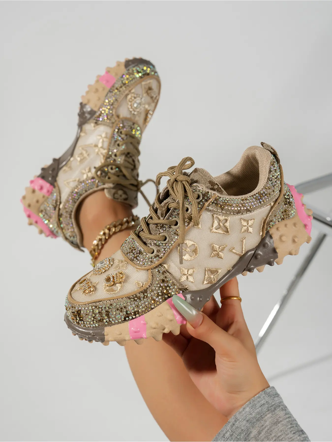 Women's Shoes Dopamine Color Breathable Mesh Platform Sneakers, Luxury Rhinestone Metal Badge Decor Lace Up Chunky Sole Non Slip Casual Walking Sneakers For Daily Streetwear