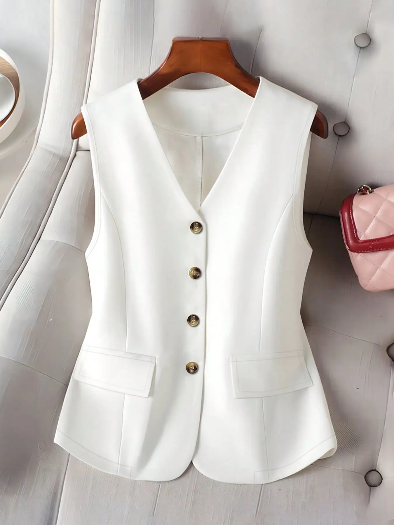 Women's Elegant V-Neck Sleeveless Waistcoat, Plain Single Button Minimalist Design, Lightweight Summer Blazer Vest, Casual Office Wear Top