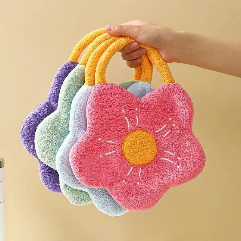 Hand Towel Coral Velvet Embroidered Flower Shape Towel Children's Absorbent Handkerchief Household Kitchen Rag