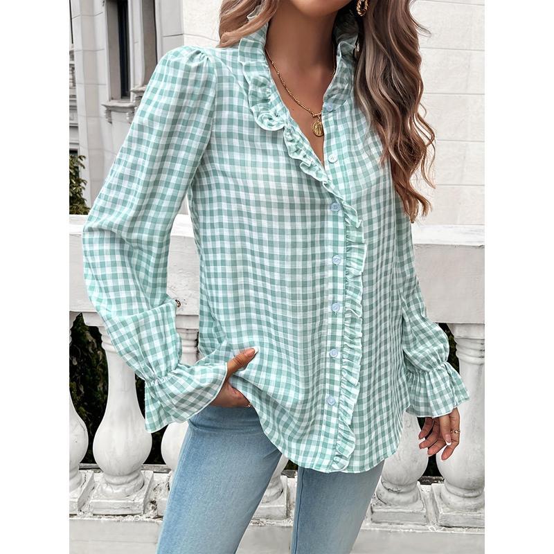 [ Gingham Shirt] Women's Stylish Long Sleeve Gingham Button-Shirt - Light Blue & White Checkered Pattern, Ruffle Detail, Professional Business Look, Machine Washable Cute Fabric