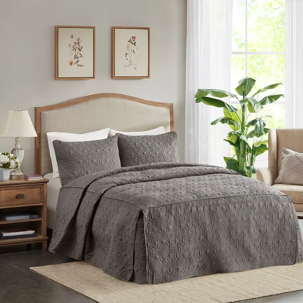 ARCH 3 Piece Split Corner Pleated Quilted Bedspread King Size Dark Grey Quilted Coverlet Set for Bedroom, Soft Textured Bedding Topper, Decorative Bed Cover with Pleated Corners, 1 Bedspread + 2 Pillow Shams, Home Furniture and Household Product,sohochic
